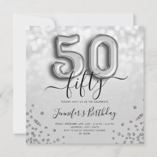 Silver Balloon Glitter 50th Birthday Party Invite