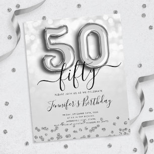Silver Balloon Glitter 50th Birthday Party Invite Flyer