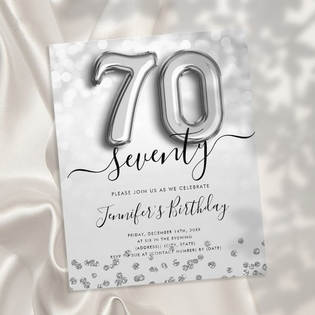 Silver Balloon Glitter 70th Birthday Party Invite Flyer (Creator Uploaded)