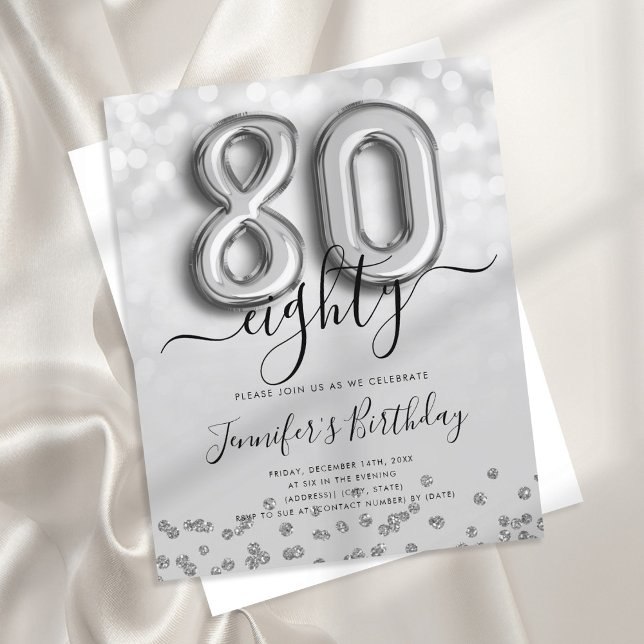 Silver Balloon Glitter 80th Birthday Party Invite (Creator Uploaded)
