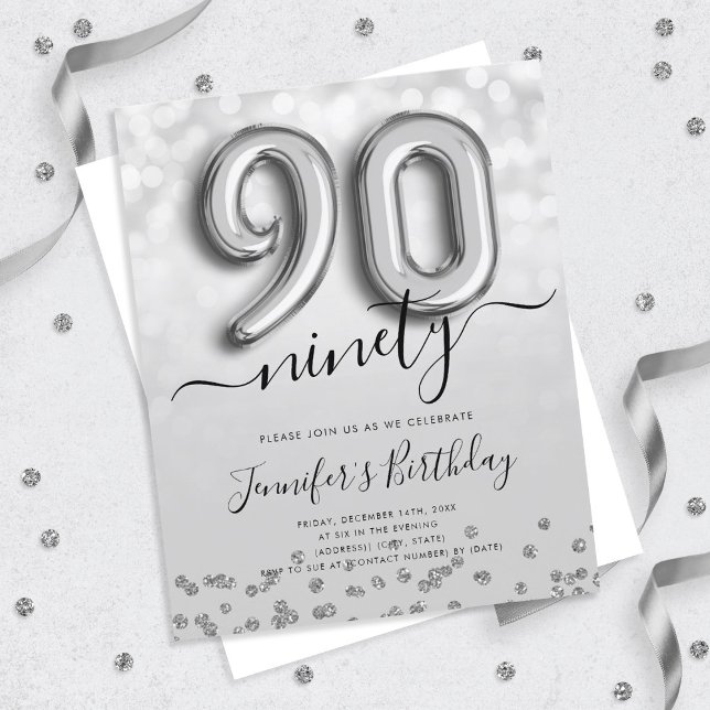 Silver Balloon Glitter 90th Birthday Party Invite (Creator Uploaded)