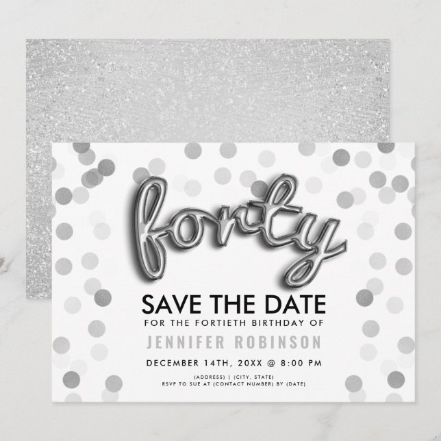 Silver Balloons Glitter Confetti 40th Birthday Invitation (Front/Back)
