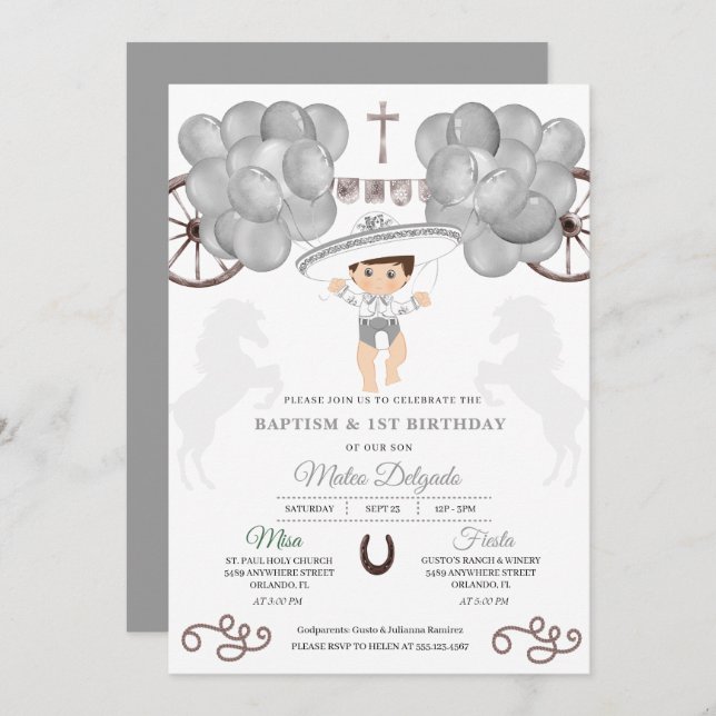 Silver Balloons Mexican Baby Boy Charro Baptism Invitation (Front/Back)