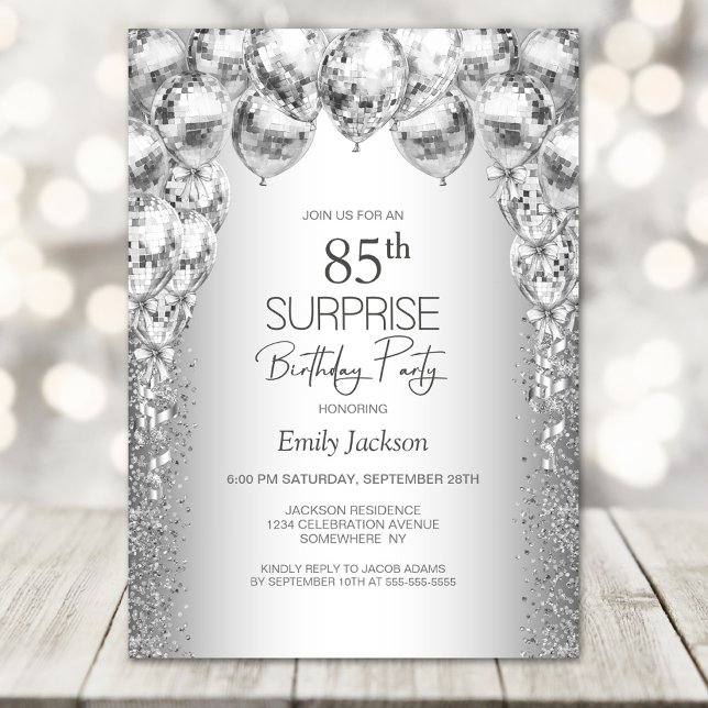 Silver Balloons Surprise 85th Birthday Party Invitation (Creator Uploaded)