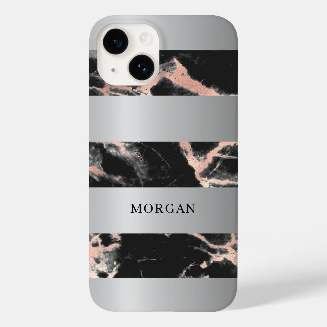 Silver Bands, Black & Rose Gold Marble, Name Case-Mate iPhone Case (Back)