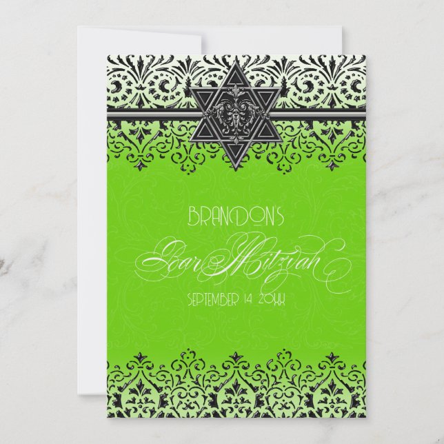 Silver Bar Mitzvah Green Black n White Lace Invitation (Front)