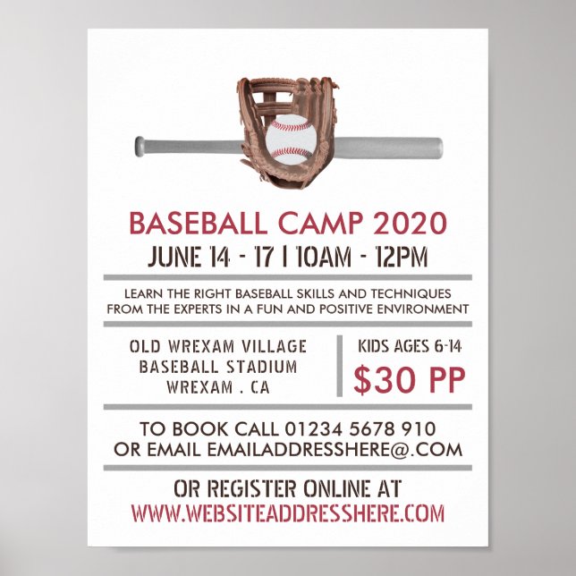 Silver Baseball Bat & Gear, Baseball Camp Advert Poster (Front)