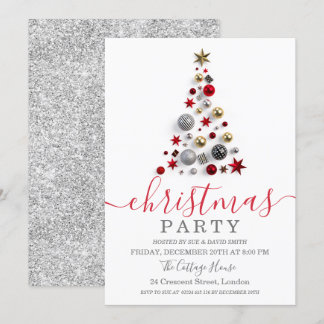Silver Bauble Tree Holiday Christmas Glitter Invitation