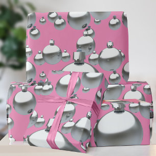 Silver Baubles Hot Pink Christmas Wrapping Paper