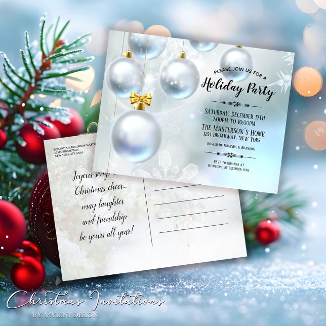 Silver Baubles Snow Wonderland Cristmas Party Invitation Postcard (Creator Uploaded)