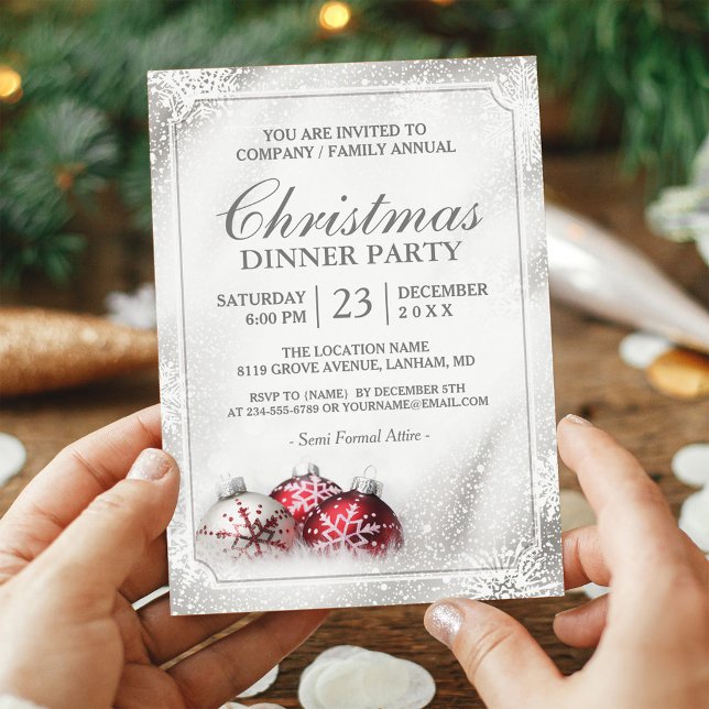Silver Baubles Snowflakes Christmas Holiday Party Invitation (Creator Uploaded)
