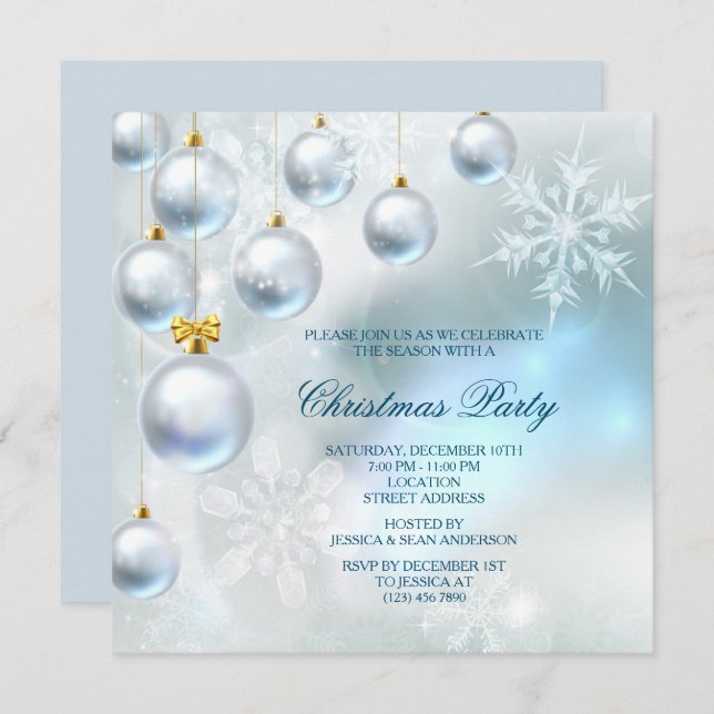 Silver Baubles & Snowflakes Christmas Party Invitation (Front/Back)