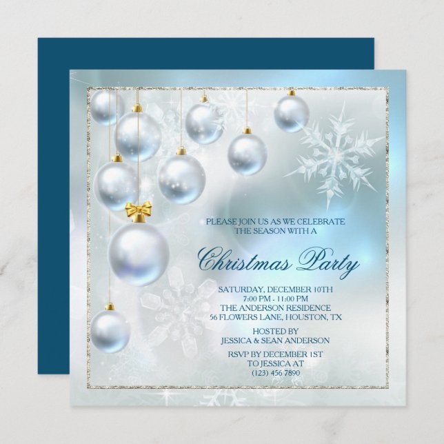 Silver Baubles & Snowflakes Christmas Party Invitation (Front/Back)