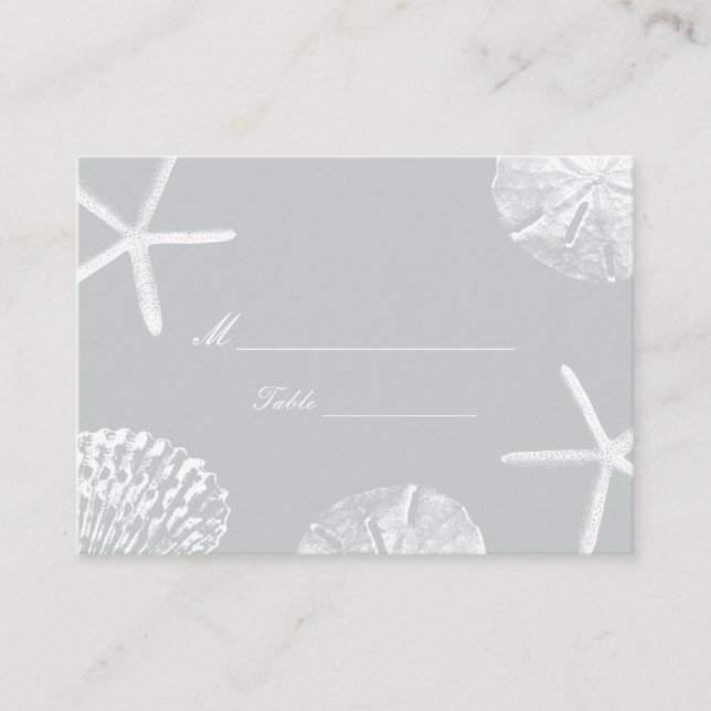 Silver Beach Theme Seashells Wedding Place Card (Front)