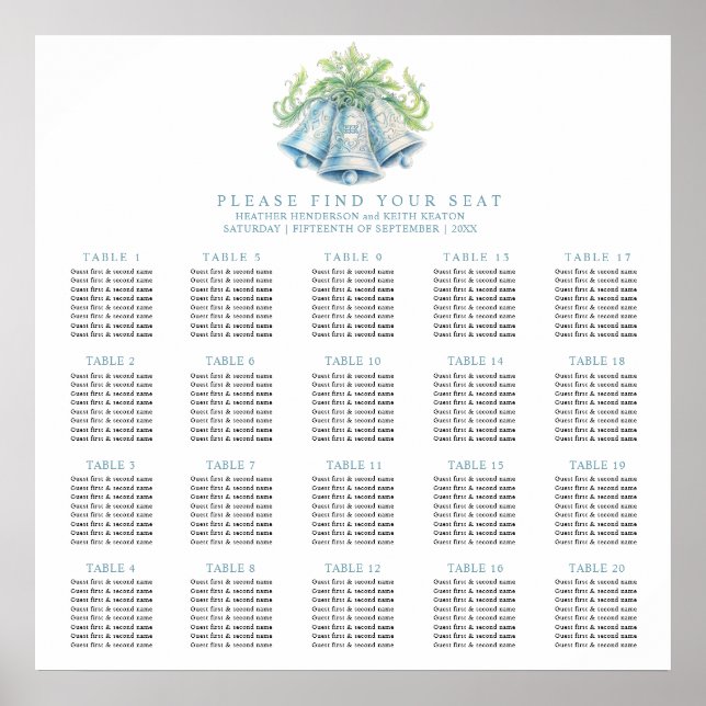 Silver bells 20 tables wedding seating chart (Front)