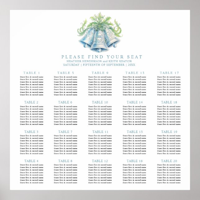 Silver bells 20 tables wedding seating chart (Front)