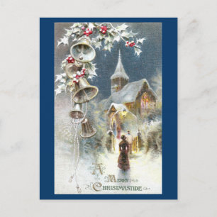 Silver Bells and Church Vintage Christmas Holiday Postcard