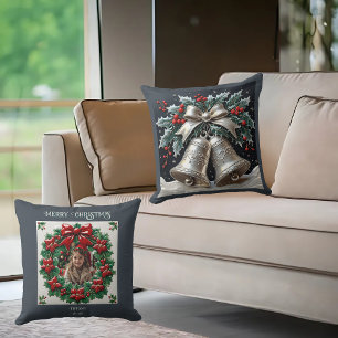 Silver Bells and Holly Throw Pillow