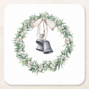 Silver Bells and Mistletoe Wreath Square Paper Coaster