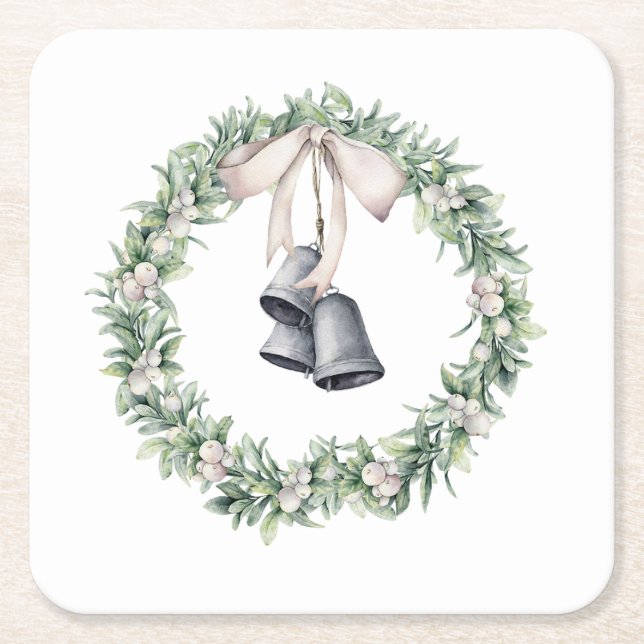 Silver Bells and Mistletoe Wreath Square Paper Coaster (Front)
