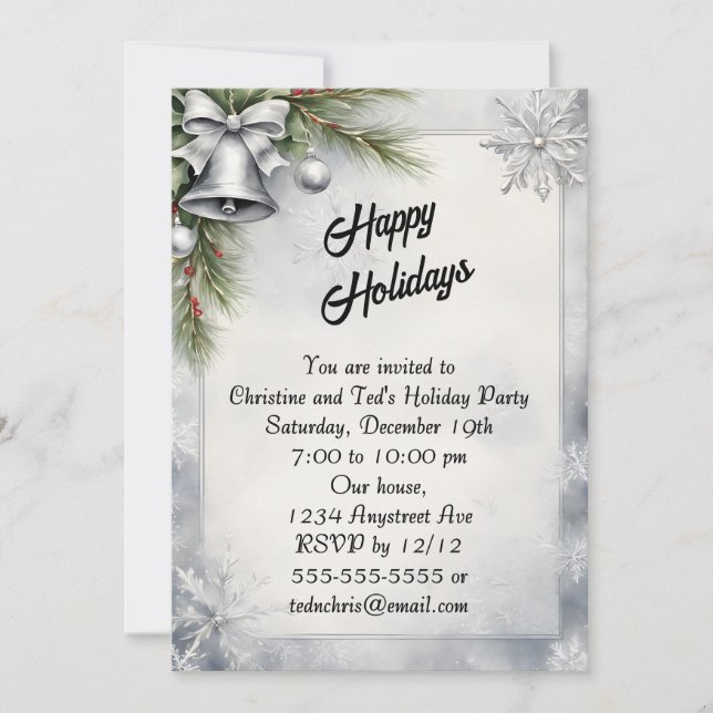 Silver Bells and Snowflakes Christmas Party Invitation (Front)