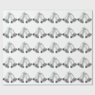 Silver Bells Green Ribbon White Wrapping Paper