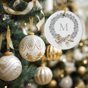 Silver Bells Monogrammed Wreath Christmas Ceramic Ornament