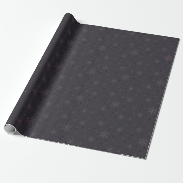 Silver Bells & Purple Bow Snowflakes Wrapping Paper (Unrolled)