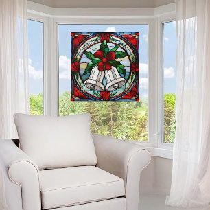 Silver Bells Red Ribbon Faux Stained Glass