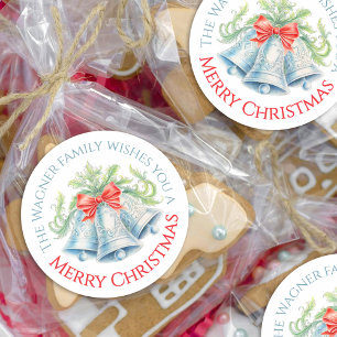 Silver bells watercolor red bow Merry Christmas Classic Round Sticker