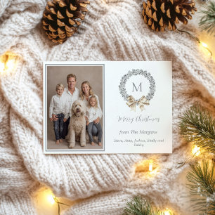 Silver Bells Wreath Monogram Photo Holiday Card
