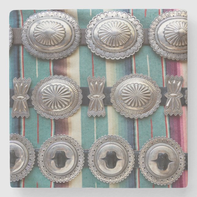 Silver belts for sale, Santa Fe, New Mexico. USA Stone Coaster (Front)