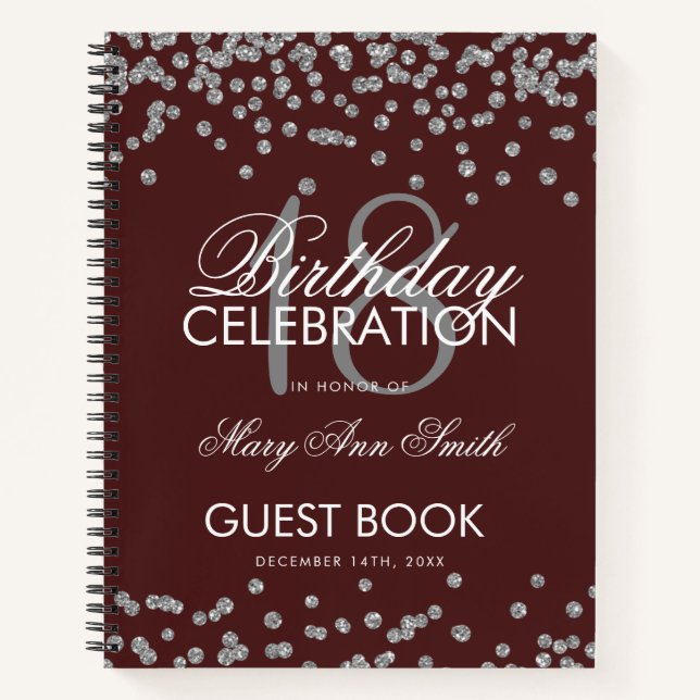 Silver Birthday Guestbook Confetti Burgundy Notebook (Front)