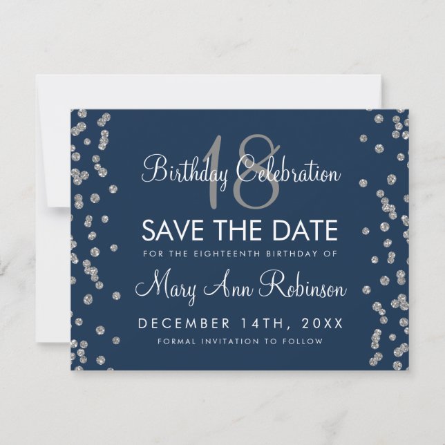 Silver Birthday Save Date Glitter Confetti Navy Save The Date (Front)