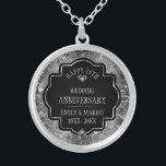 Silver & Black 25th Wedding Anniversary Silver Plated Necklace<br><div class="desc">Image of a silver,  shiny floral damask with white diamonds and customisable text,  '25th Wedding Anniversary.</div>