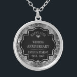 Silver & Black 25th Wedding Anniversary Silver Plated Necklace<br><div class="desc">Image of a silver,  shiny floral damask with white diamonds and customisable text,  '25th Wedding Anniversary.</div>
