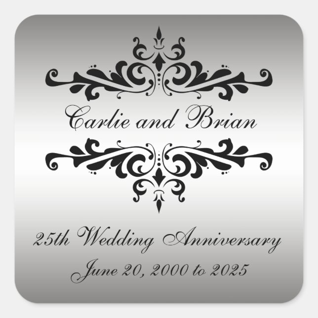Silver Black 25th Wedding Anniversary Stickers (Front)