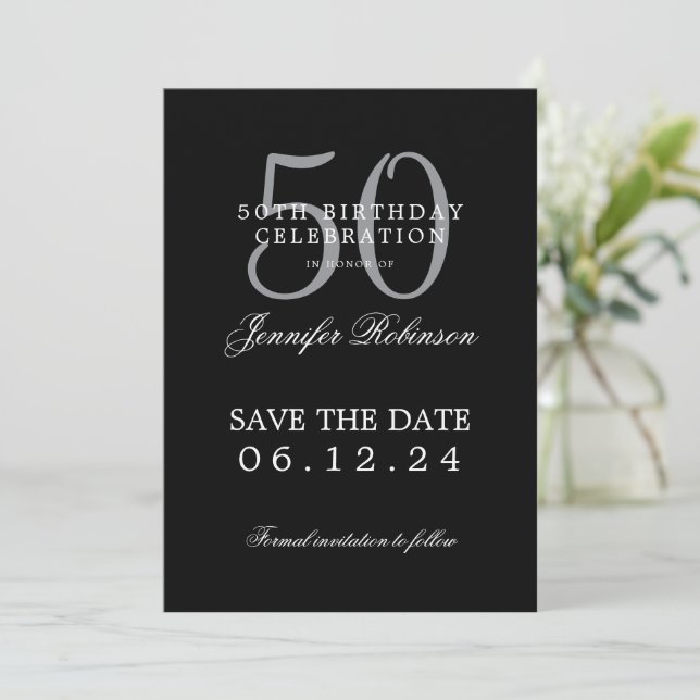 Silver Black 50th Birthday Save the Date  Invitation (Standing Front)