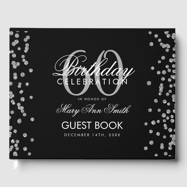 Silver Black 60th Birthday Glitter Confetti Guest Book (Front)
