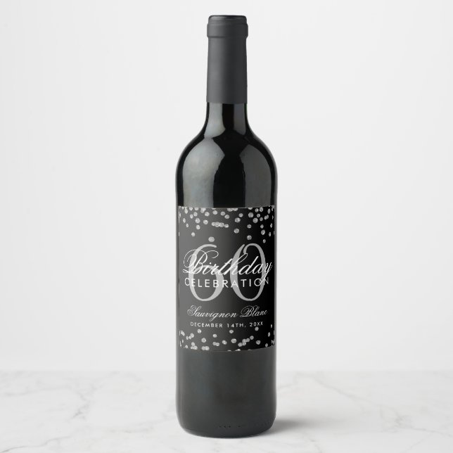 Silver Black 60th Birthday Glitter Confetti Wine Label (Front)