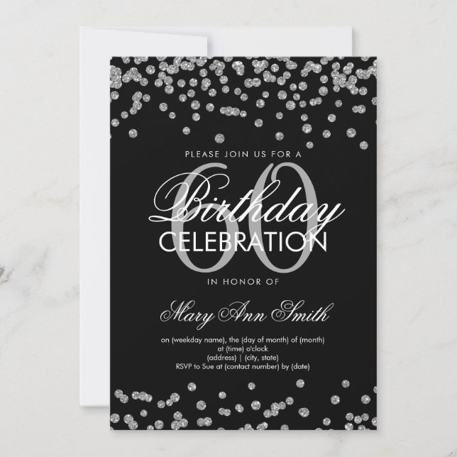 Silver Black 60th Birthday Party Glitter Confetti Invitation (Front)