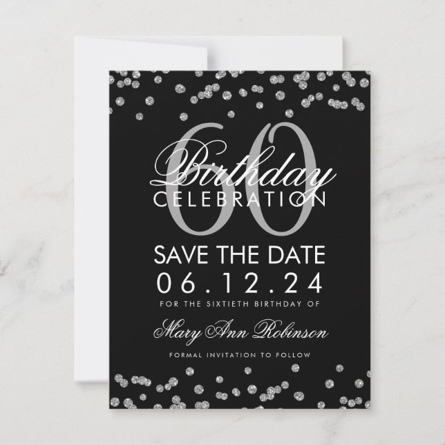 Silver Black 60th Birthday Save Date Confetti Save The Date (Front)