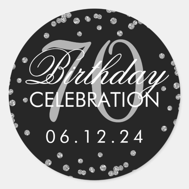 Silver Black 70th Birthday Glitter Confetti Classic Round Sticker (Front)