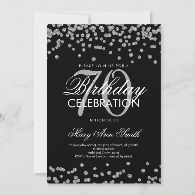 Silver Black 70th Birthday Party Glitter Confetti Invitation (Front)