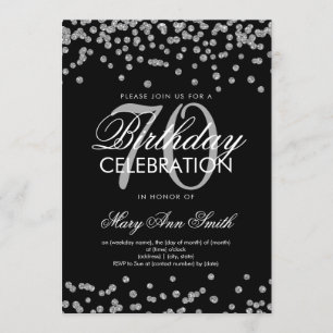 Silver Black 70th Birthday Party Glitter Confetti Invitation