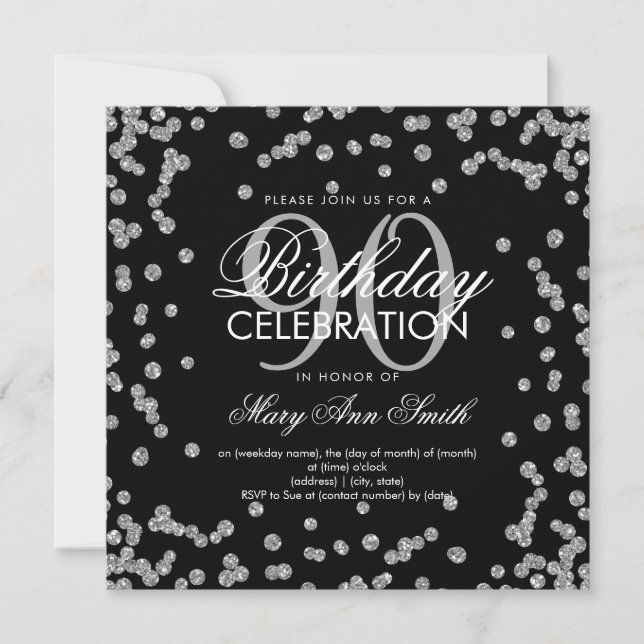 Silver Black 90th Birthday Glitter Confetti Invitation (Front)