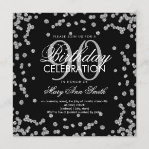Silver Black 90th Birthday Glitter Confetti Invitation