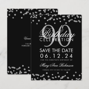 Silver Black 90th Birthday Save Date Confetti Invitation