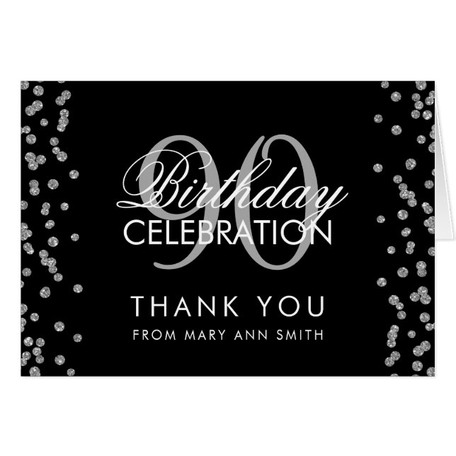 Silver Black 90th Birthday Thank you Glitter (Front Horizontal)