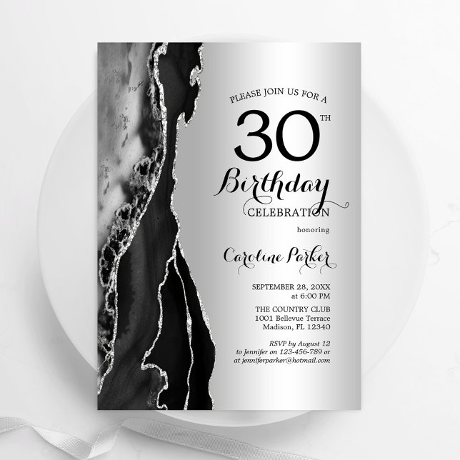 Silver Black Agate 30th Birthday Invitation (Creator Uploaded)